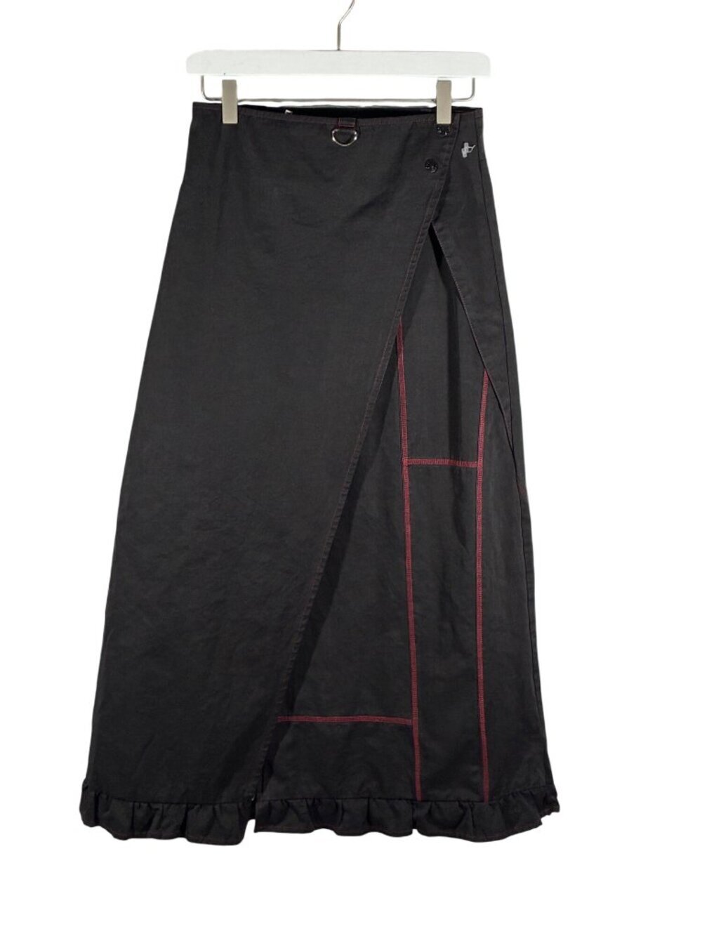 UNIF x INSX Black Wrap Maxi Skirt Ruffle Hem & Red Stitching XS goth whimsigoth